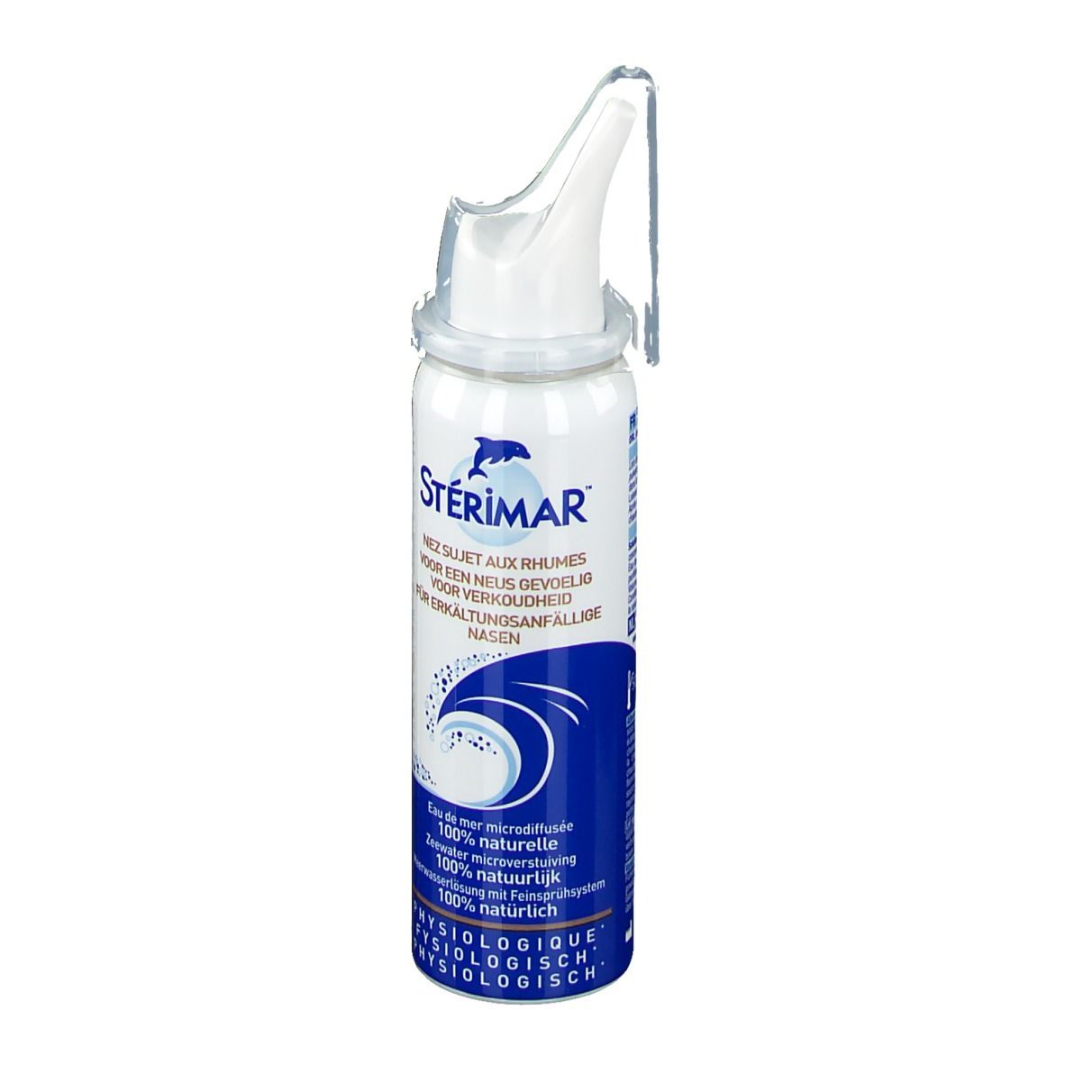 Flacon de spray nasal STÉRIMAR®. Flacon blanc et bleu avec embout. Pour les nez sujets aux rhumes.