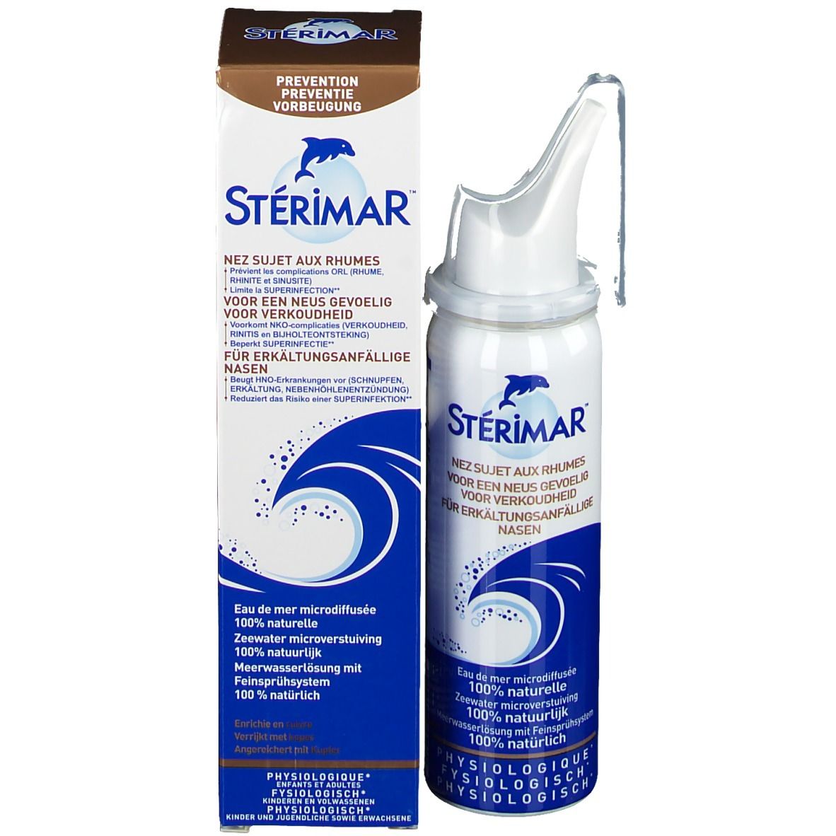 Flacon et emballage de spray nasal STÉRIMAR®. Flacon et boîte blancs et bleus. Pour les nez sujets aux rhumes.