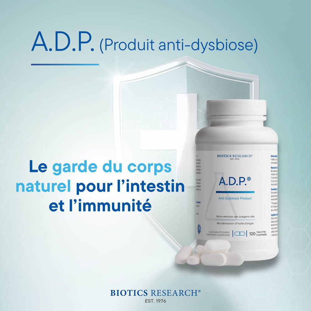 Arrière d'une bouteille blanche avec informations produit A.D.P.® et 120 comprimés.
