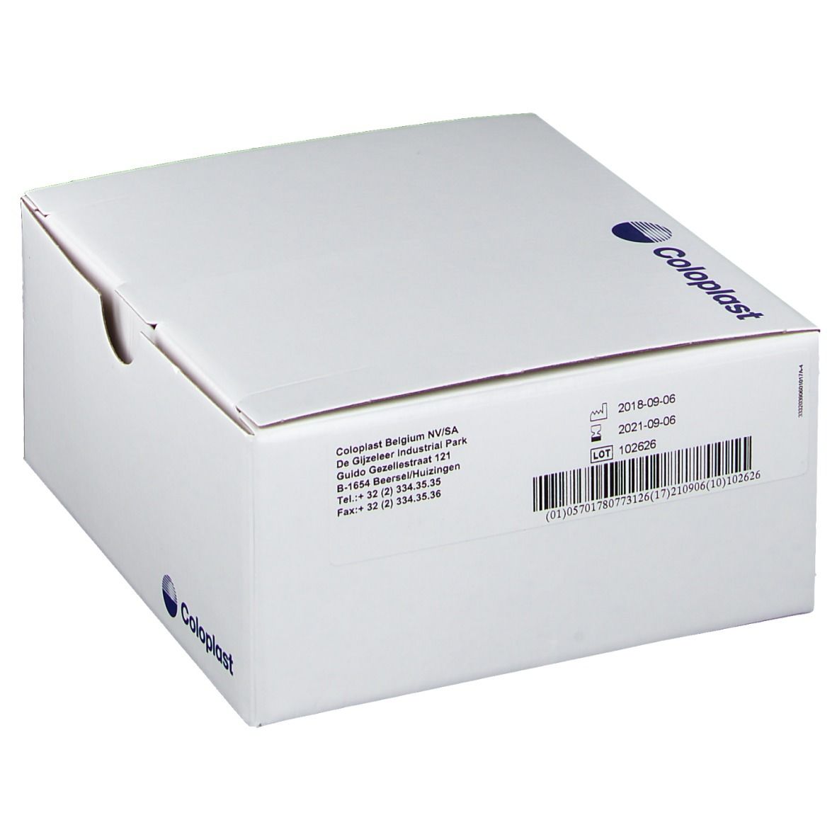 Boîte blanche Coloplast. Impression avec adresse, date et code-barres.