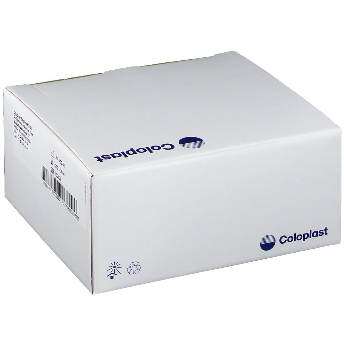 Boîte blanche Coloplast. Impression avec adresse et symboles de recyclage.