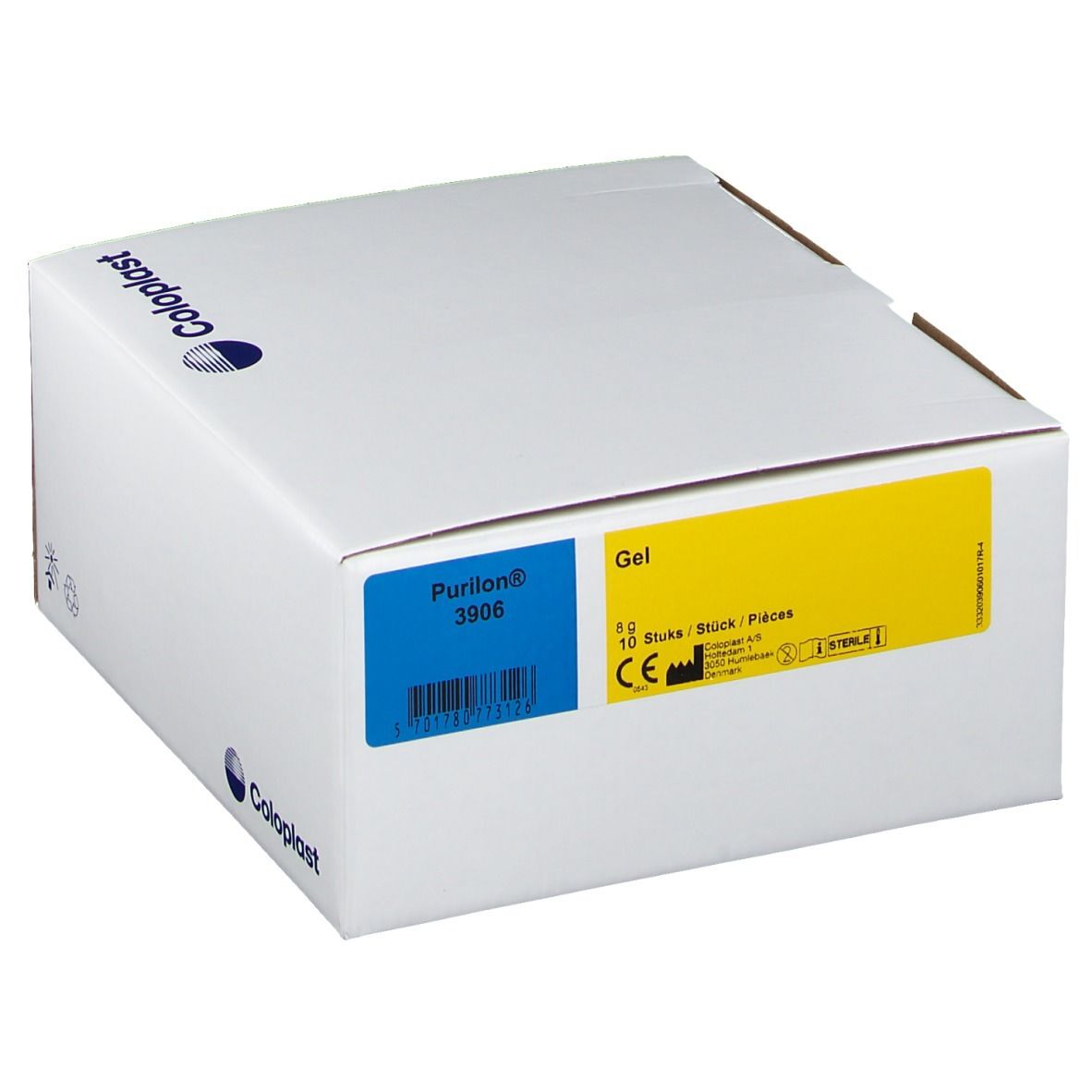 Boîte blanche Coloplast. Étiquettes bleues et jaunes avec informations produit.