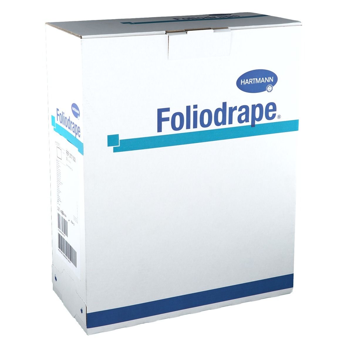 Boîte en carton avec logo Foliodrape et logo Hartmann. Emballage bleu et blanc. Nom du produit visible.