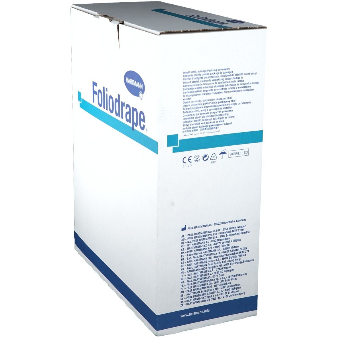 Boîte en carton avec logo Foliodrape et logo Hartmann. Dos avec texte et symboles. Emballage bleu et blanc.