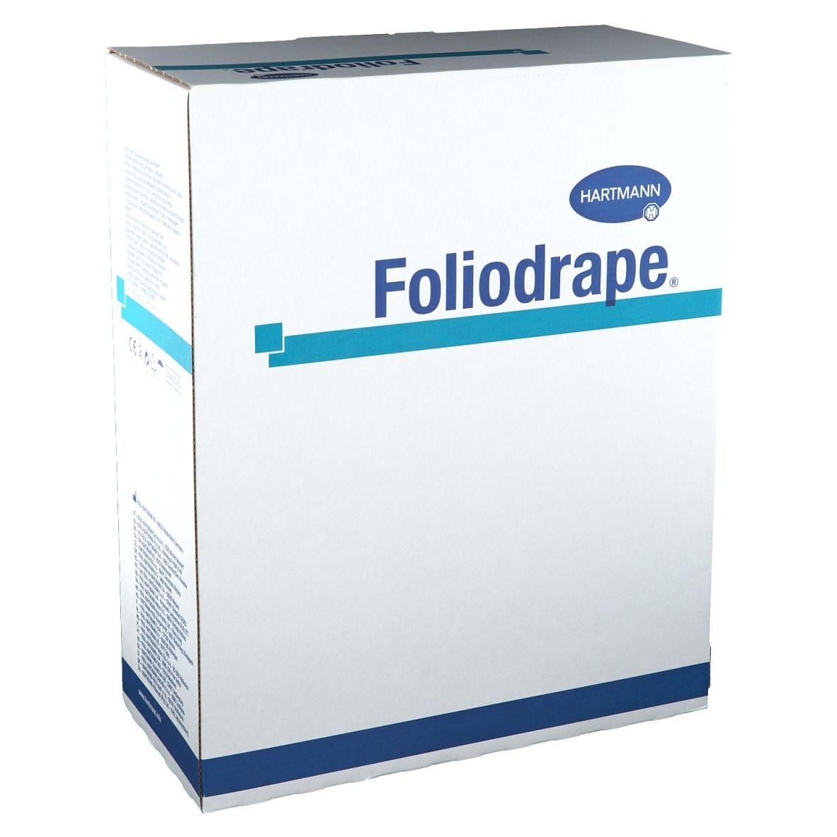 Boîte en carton avec logo Foliodrape et logo Hartmann. Emballage bleu et blanc. Nom du produit visible.