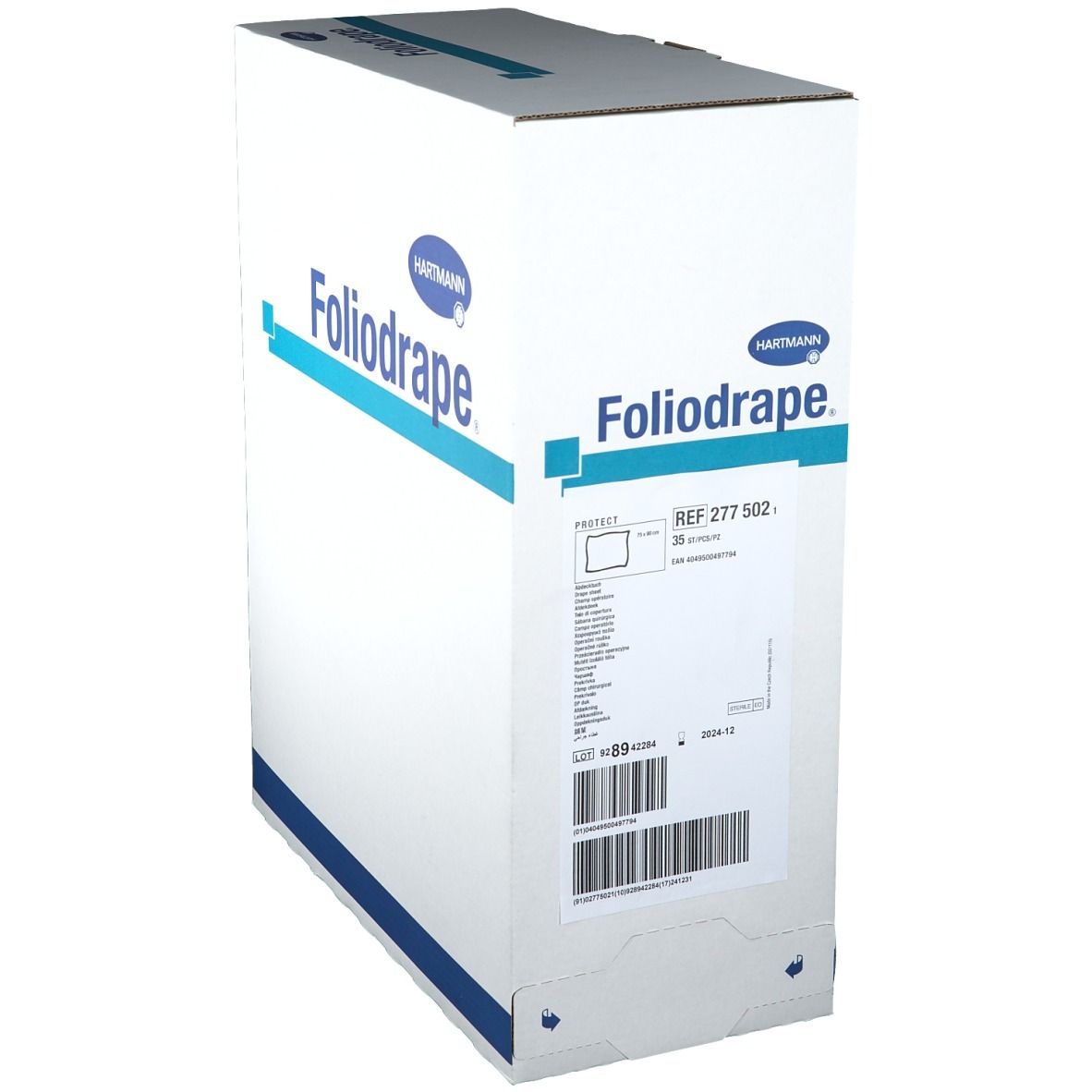 Boîte en carton avec logo Foliodrape et logo Hartmann. Informations produit et code-barres. Emballage bleu et blanc.