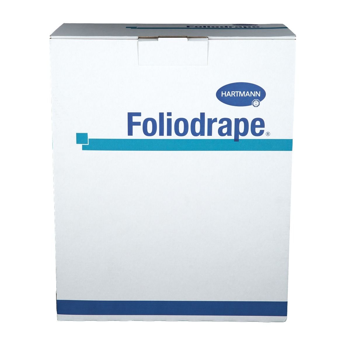 Boîte en carton avec logo Foliodrape et logo Hartmann. Emballage bleu et blanc. Nom du produit visible.