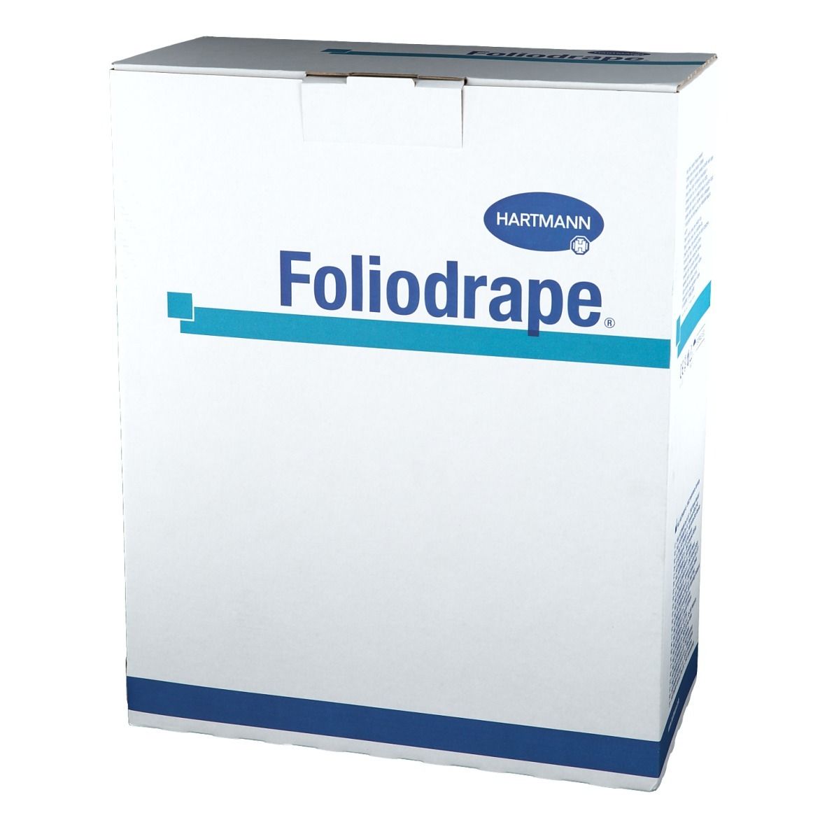 Boîte en carton avec logo Foliodrape et logo Hartmann. Emballage bleu et blanc. Nom du produit visible.