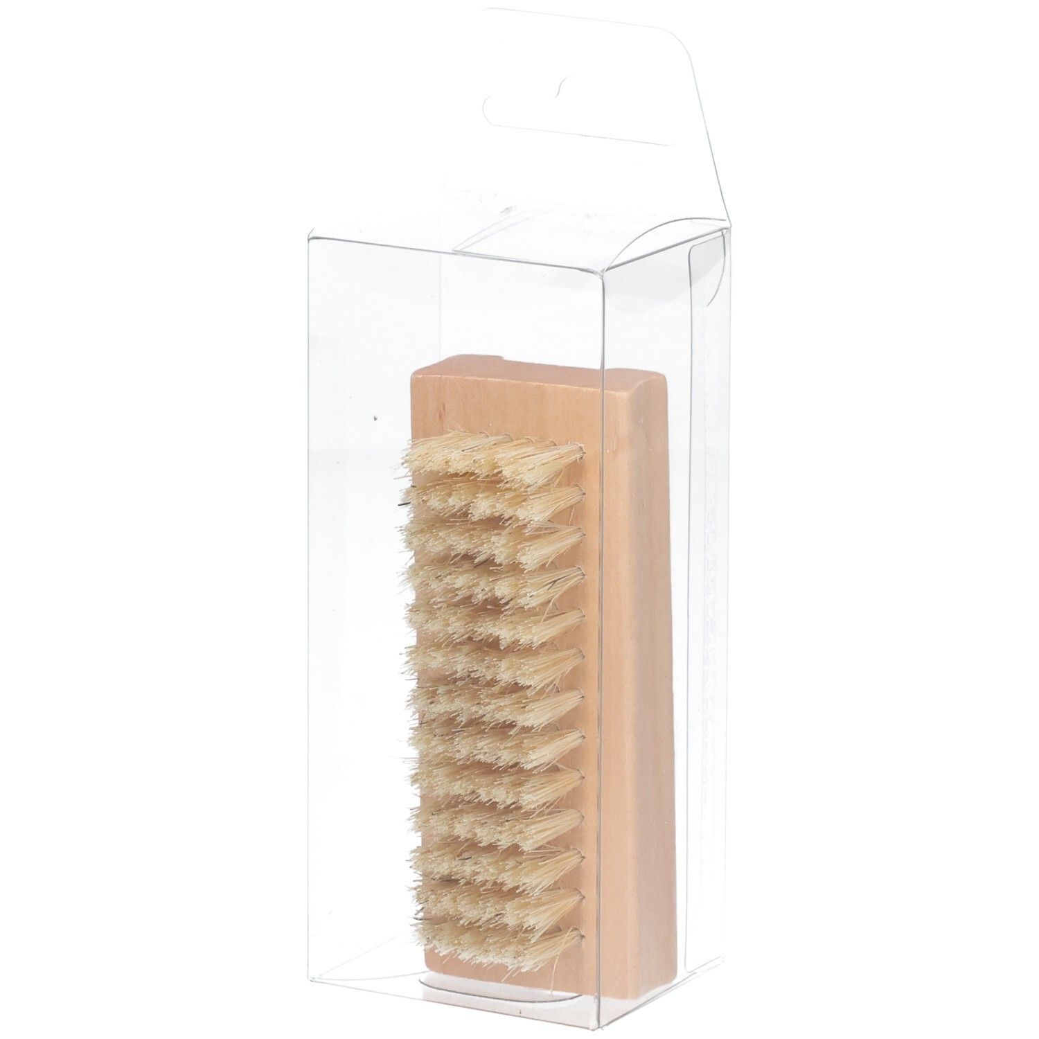 Brosse à ongles en bois avec poils clairs, dans un emballage transparent.