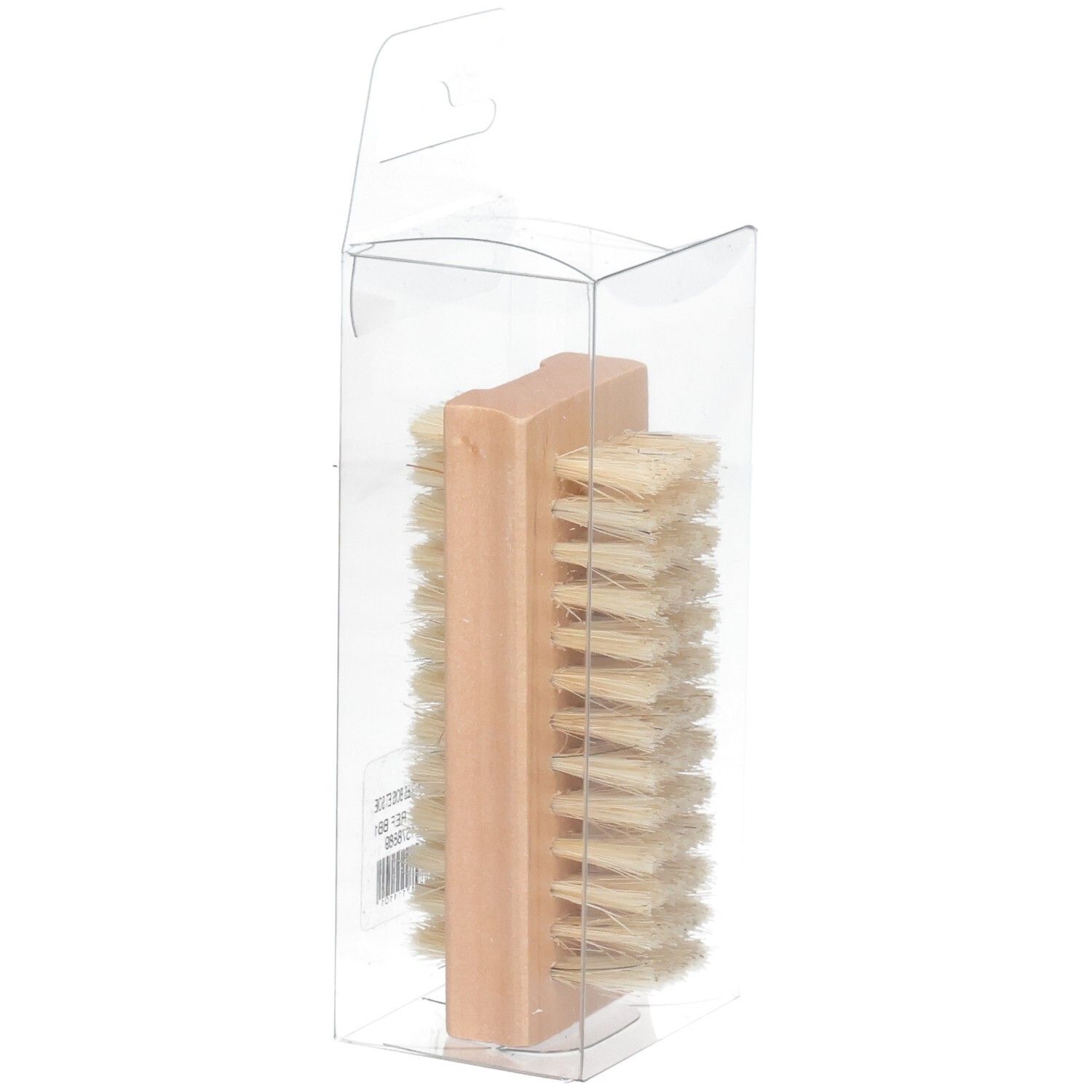 Brosse à ongles en bois avec poils clairs, emballage transparent, vue latérale.