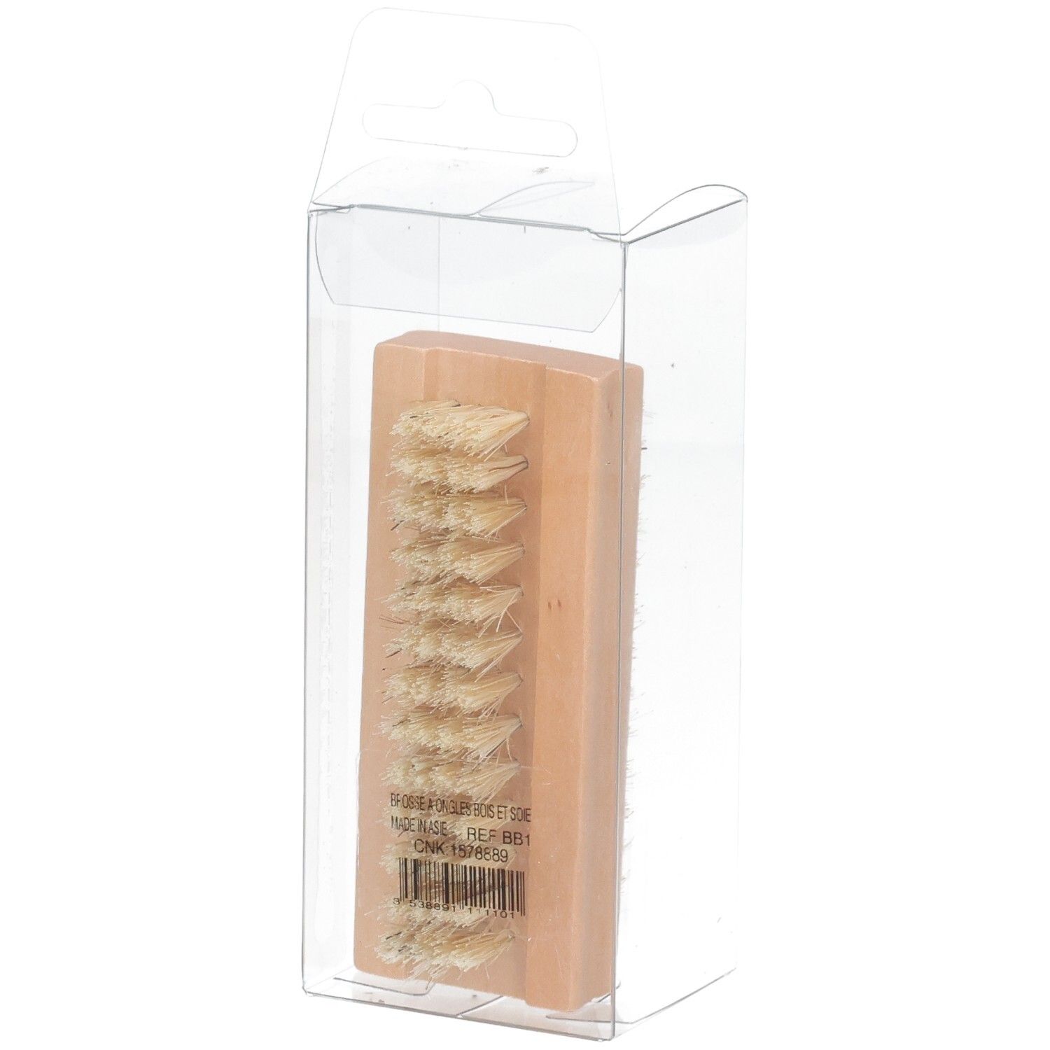 Brosse à ongles en bois avec poils clairs, emballage transparent, avec code-barres.