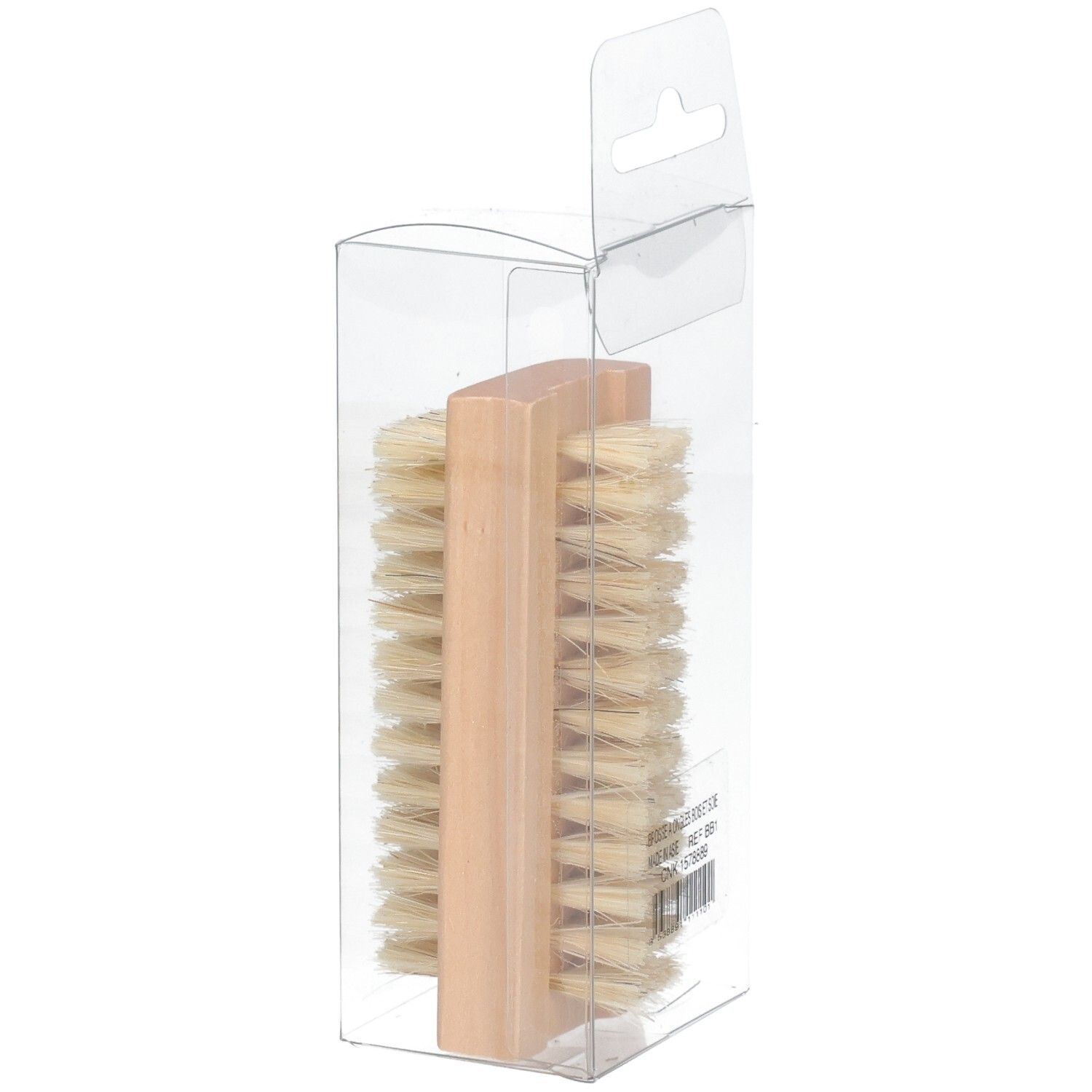 Brosse à ongles en bois avec poils clairs, emballage transparent, vue latérale.