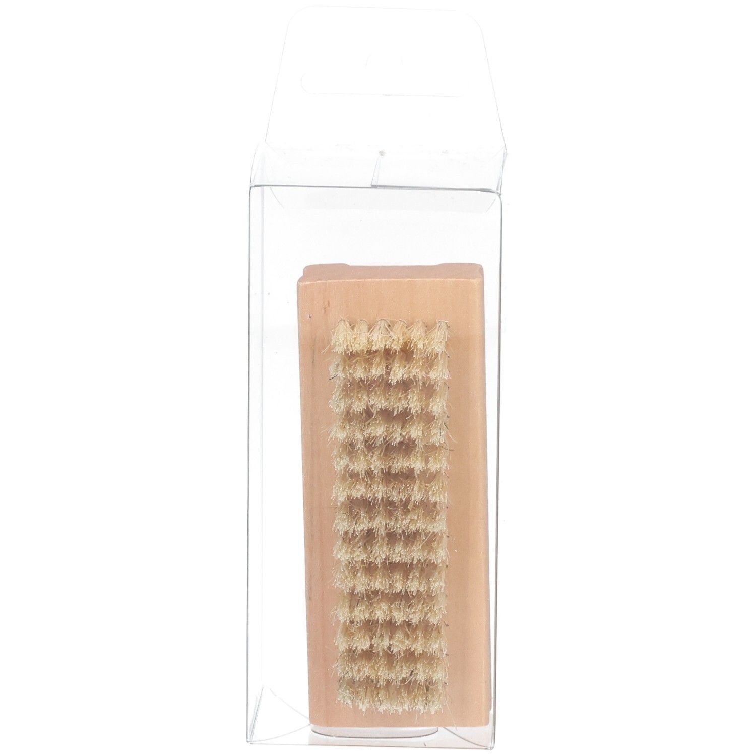 Brosse à ongles en bois avec poils clairs, emballage transparent, vue de dessus.