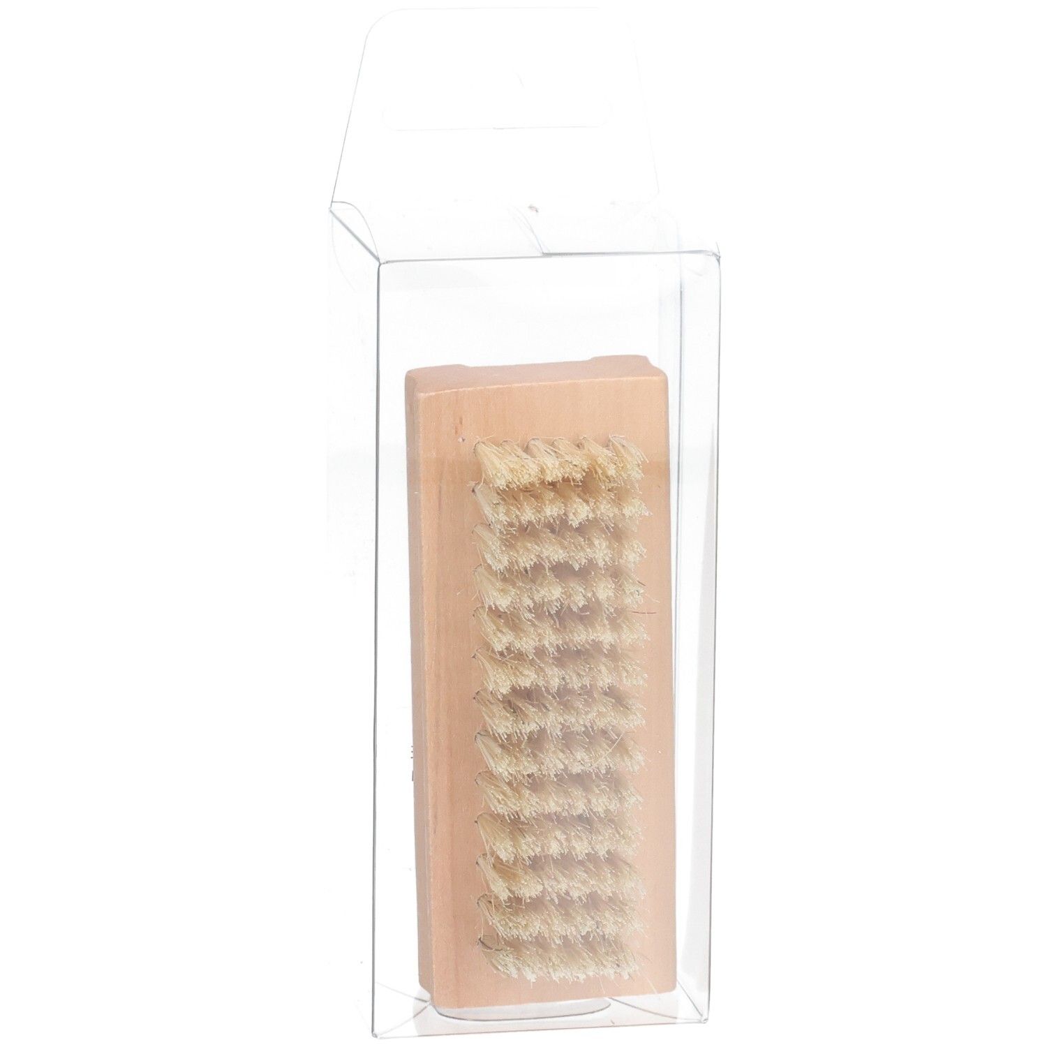 Brosse à ongles en bois avec poils clairs, emballage transparent, vue de dessus.