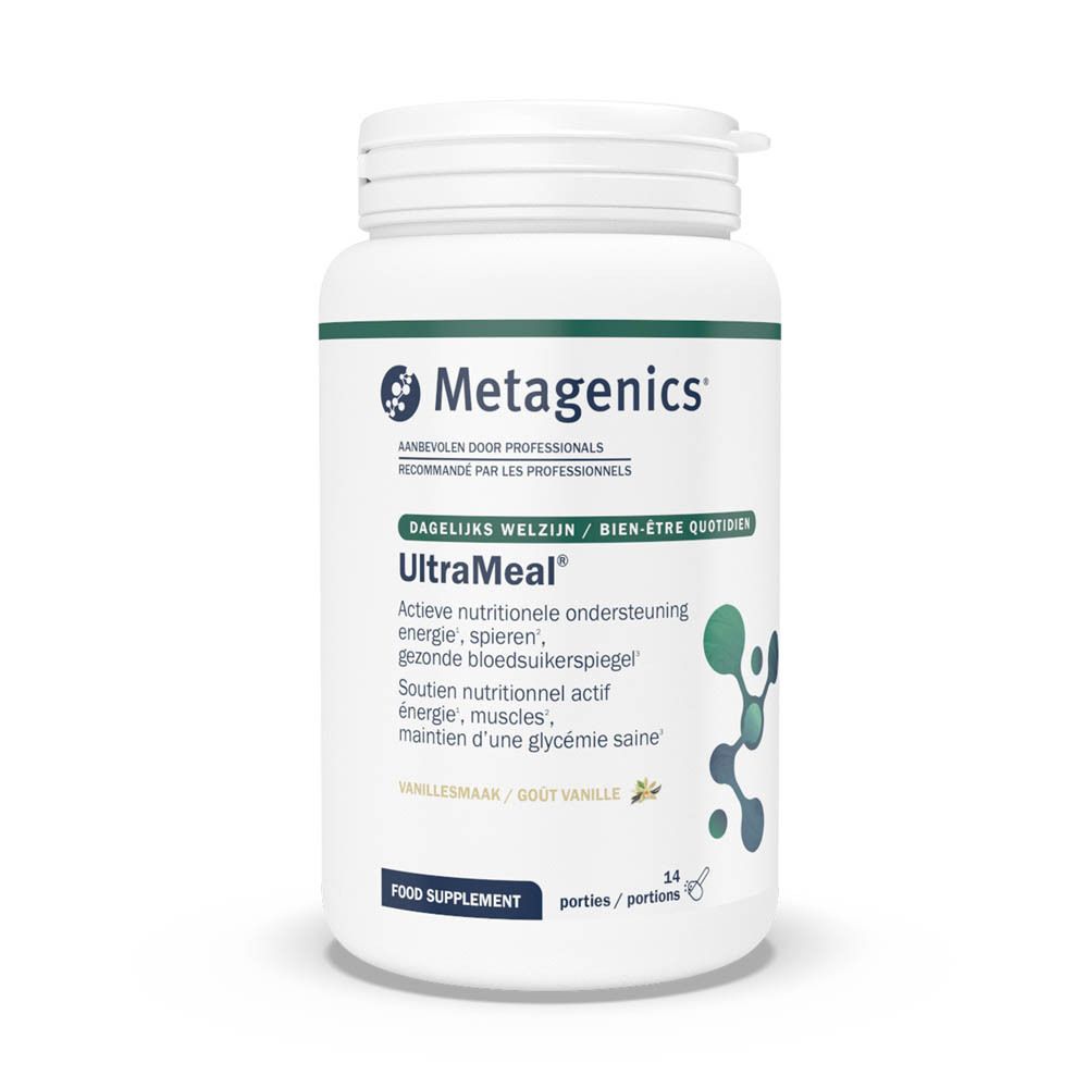 Pot blanc avec couvercle. Inscription UltraMeal Vanille, marque Metagenics. 14 portions, 630g.