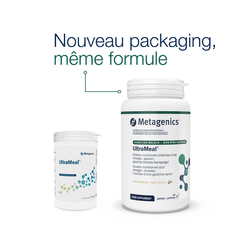 Pot blanc avec couvercle. Inscription UltraMeal Vanille, marque Metagenics. 14 portions, 630g.