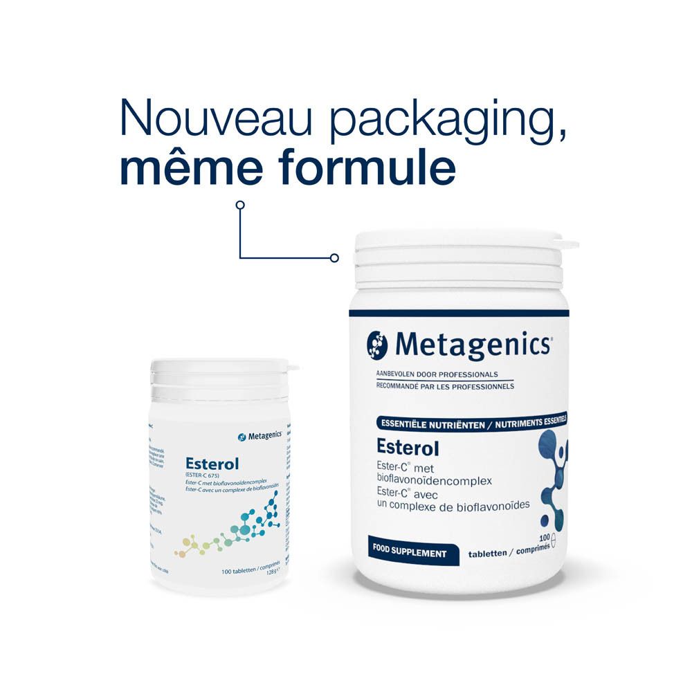 Boîte blanche de comprimés Esterol Metagenics. Inscription Esterol, 100 comprimés. Fond bleu avec graphique moléculaire.
