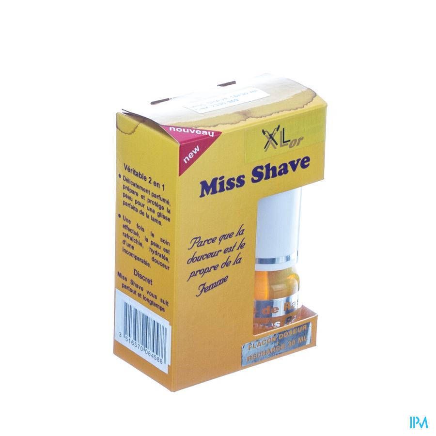 Emballage XLor Miss Shave 2 en 1. Boîte jaune avec produit et texte. Inscription: Miss Shave, 2 en 1.