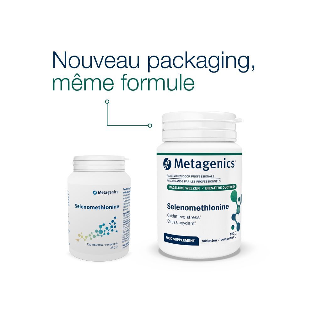 Dos d'un flacon blanc de comprimés de sélénométhionine. Texte et code-barres.