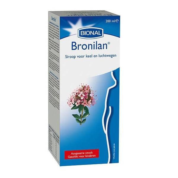 Boîte de sirop Bional Bronilan. Inscription : Siroop voor keel en luchtwegen. Illustration d'une fleur.