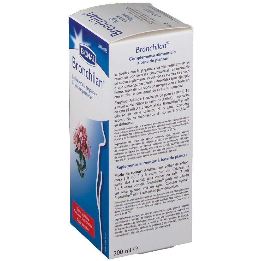 Dos de la boîte de sirop Bional Bronchilan. Texte et ingrédients. 200 ml. Illustration d'une fleur.