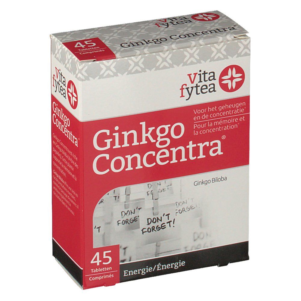 Boîte Vitafytea Ginkgo Concentra. Rouge et blanche, avec nom et logo. Contient 45 comprimés. Texte « Energie ».