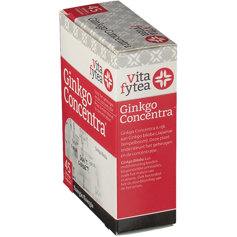 Boîte Vitafytea Ginkgo Concentra. Rouge et blanche, avec nom et logo. Contient 45 comprimés. Texte en néerlandais.