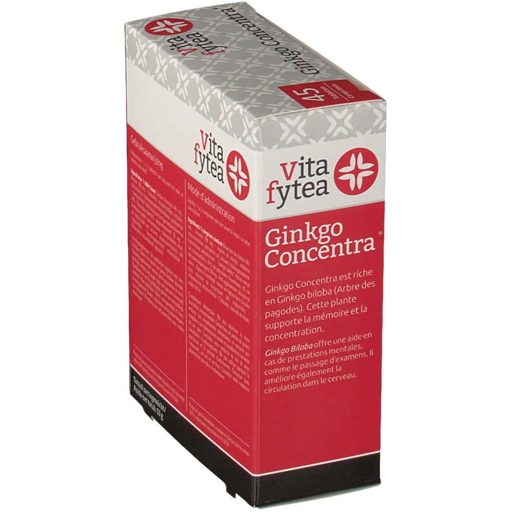 Boîte Vitafytea Ginkgo Concentra. Rouge et blanche, avec nom et logo. Contient 45 comprimés. Texte en français.