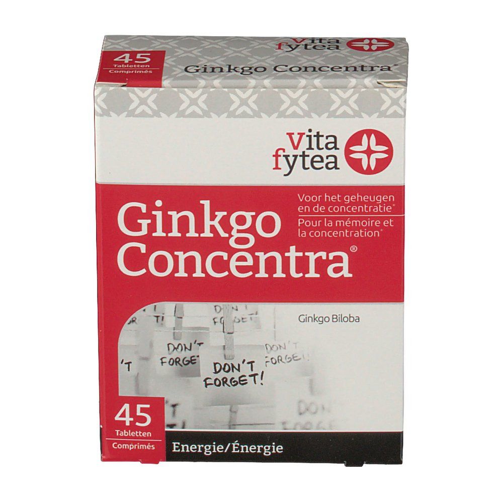 Boîte Vitafytea Ginkgo Concentra. Rouge et blanche, avec nom et logo. Contient 45 comprimés. Texte « Energie ».