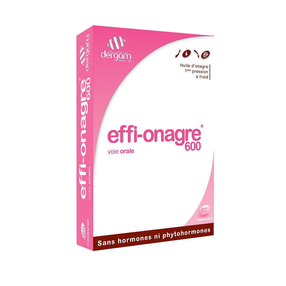 Boîte rose avec texte blanc: effi-onagre 600, 60 capsules. Logo: dergam. Inscription: Sans hormones ni phytohormones.