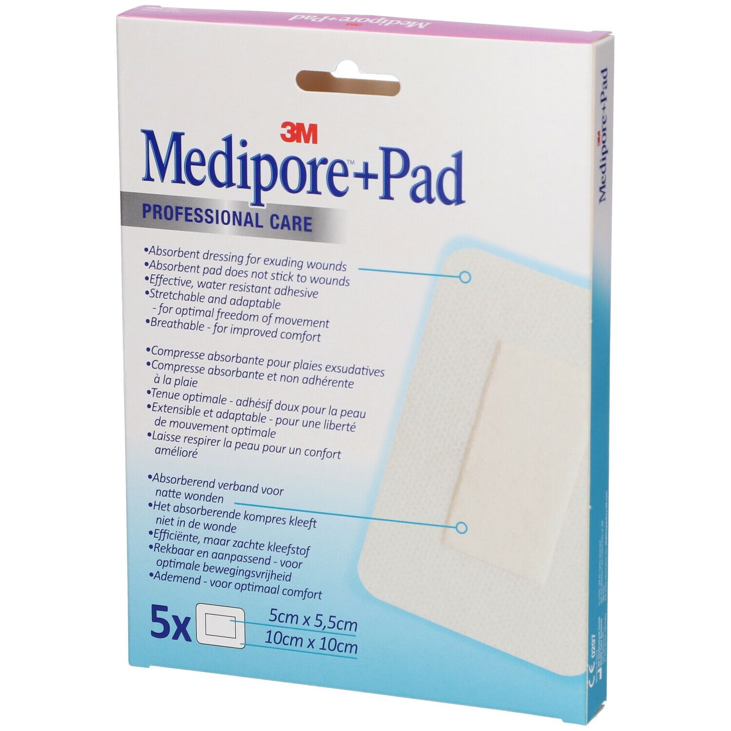Boîte de pansements Medipore+Pad. Inscription Medipore+Pad, 10x10cm, 5 unités. Informations produit multilingues.