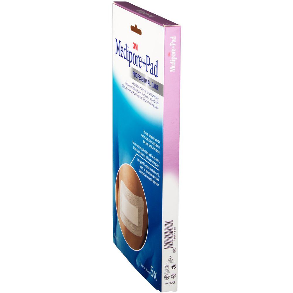 Boîte de 3M Medipore+Pad. Emballage blanc et bleu avec nom et logo du produit. 5 pièces. Un pansement est illustré sur une peau.