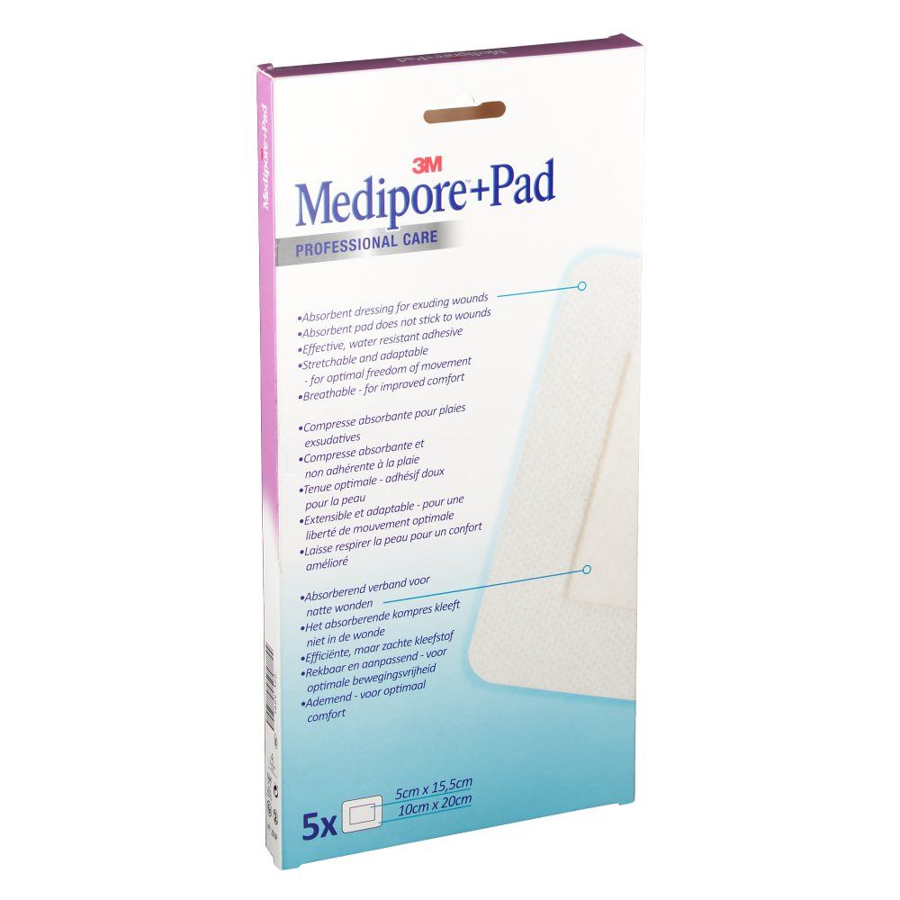Emballage 3M Medipore+Pad. Boîte blanche avec nom et logo du produit. 5 pièces. Caractéristiques imprimées. Taille : 10cm x 20cm.
