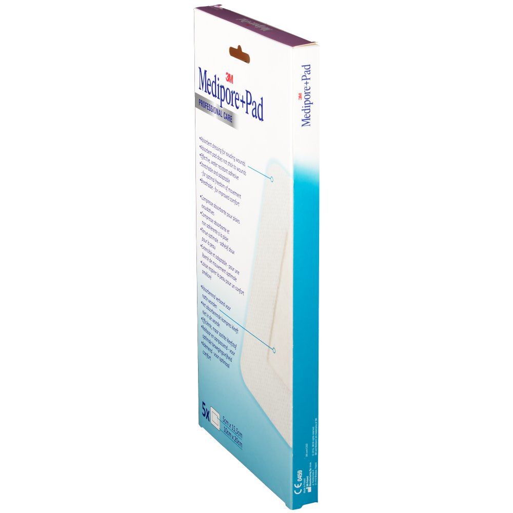 Emballage 3M Medipore+Pad. Boîte blanche avec nom et logo du produit. 5 pièces. Caractéristiques imprimées. Taille : 10cm x 20cm.