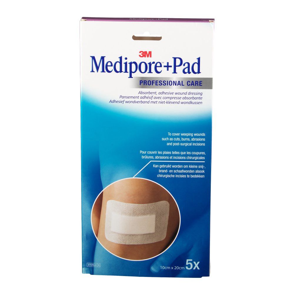 Emballage 3M Medipore+Pad. Boîte blanche avec nom et logo du produit. 5 pièces. Un pansement est illustré sur une peau. Taille : 10cm x 20cm.