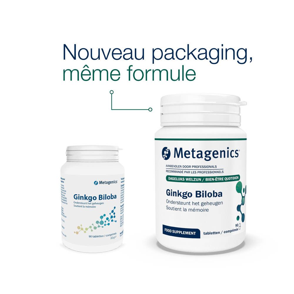 Flacon blanc de Ginkgo Biloba. Graphique bleu et vert. 90 comprimés. Marque : Metagenics.
