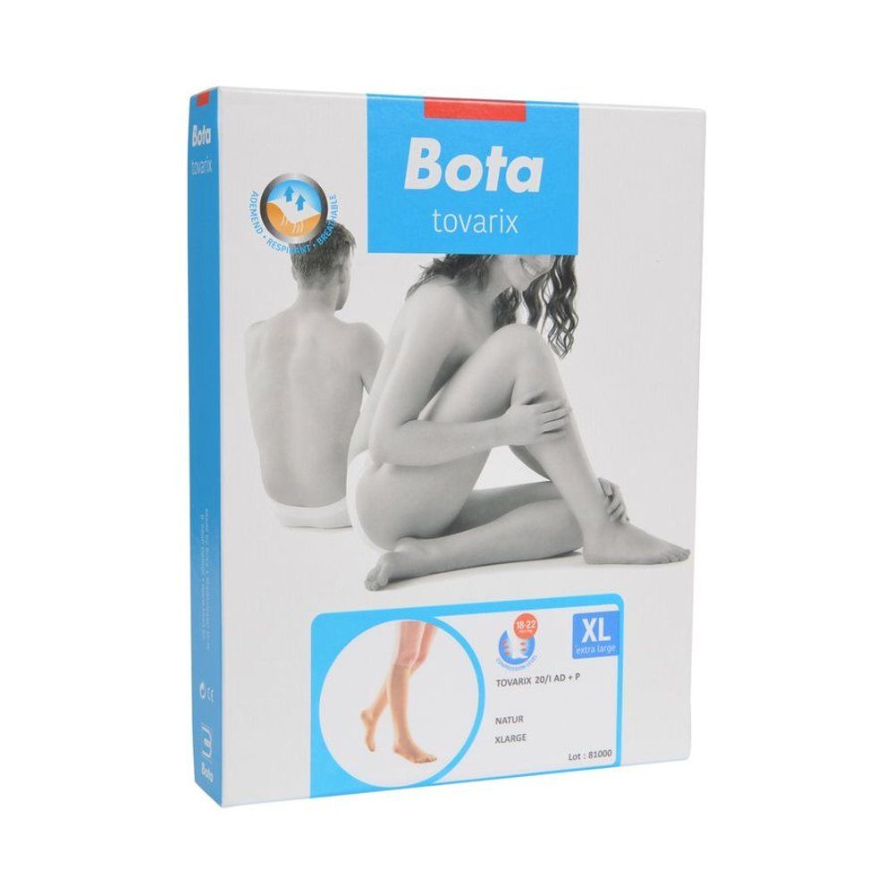 Boîte de bas de compression Bota Tovarix. Bas couleur nature, taille XL. Illustration d'une femme et d'un homme.