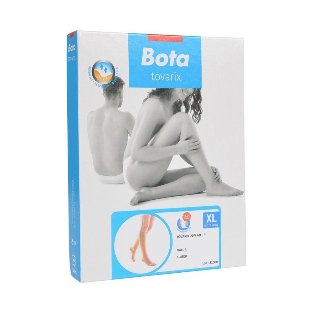 Emballage du produit. Logo Bota tovarix. Image d'une personne. Texte : Natur, XL, 35-32.
