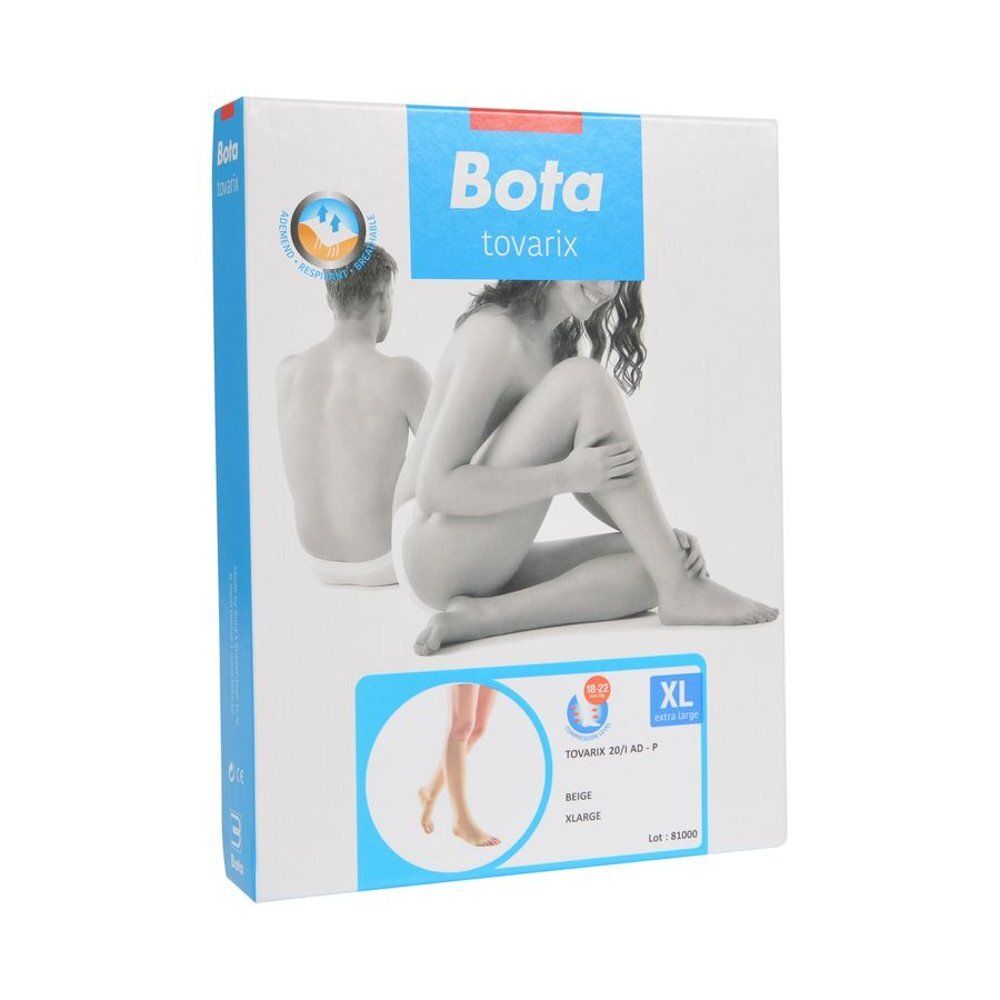 Emballage Bota tovarix. Beige, extra large. Illustration d'une femme et d'un homme. Image du produit : bas de compression.