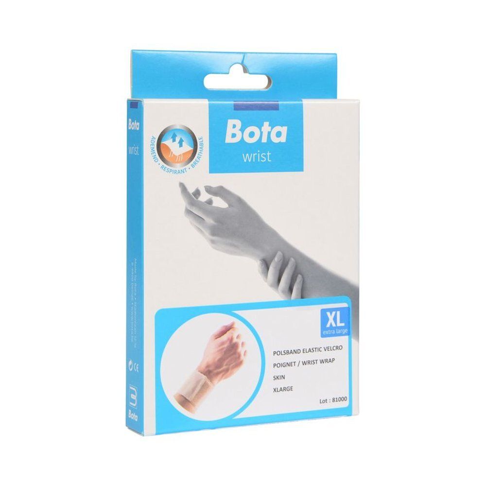 Emballage Bota Wrist, extra large. Inscription: Polsband Elastic Velcro, Skin. Illustration poignet avec bandage.