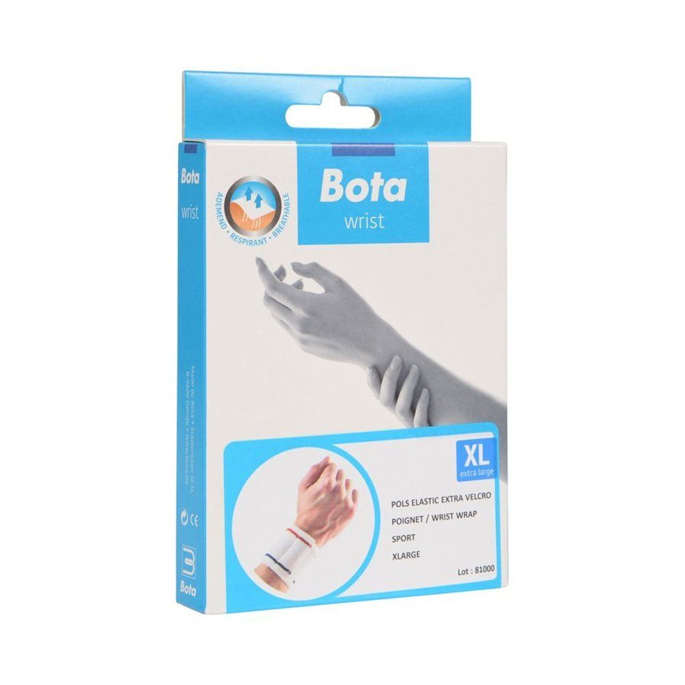 Emballage de la bande Bota Wrist. Taille XL. Inscription : Pols Elastic Extra Velcro, Sport. Illustration de main.