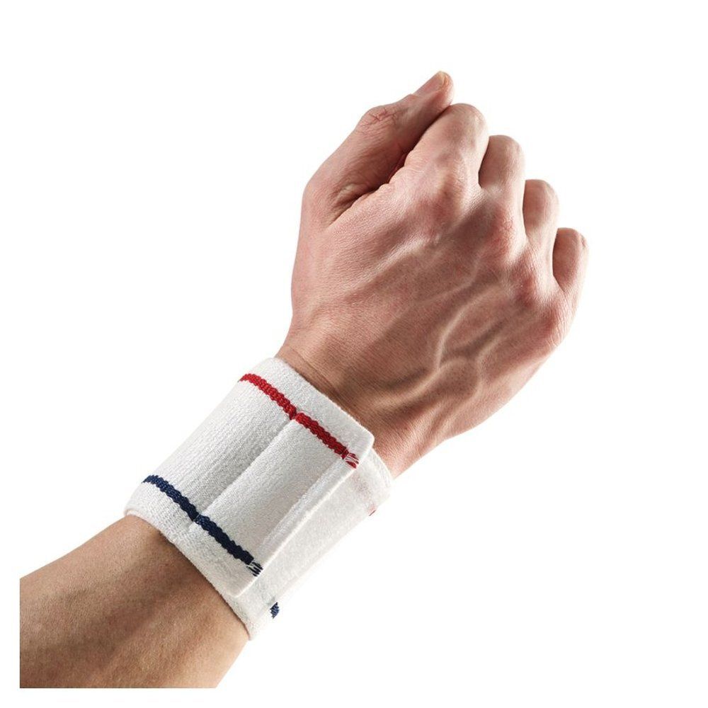 Attelle de poignet avec velcro. Blanc avec rayures rouges et bleues. Porté sur une main.