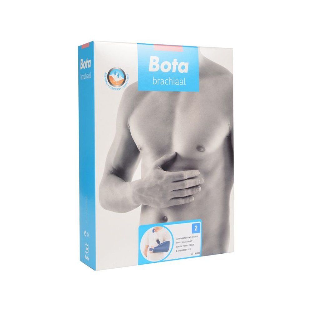 Emballage Bota brachiaal. Emballage bleu et blanc avec image du produit. Vue latérale avec logo.
