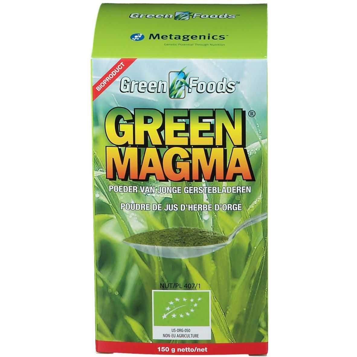 Emballage produit vert. Texte et logo. Cuillère avec poudre verte. Label bio.