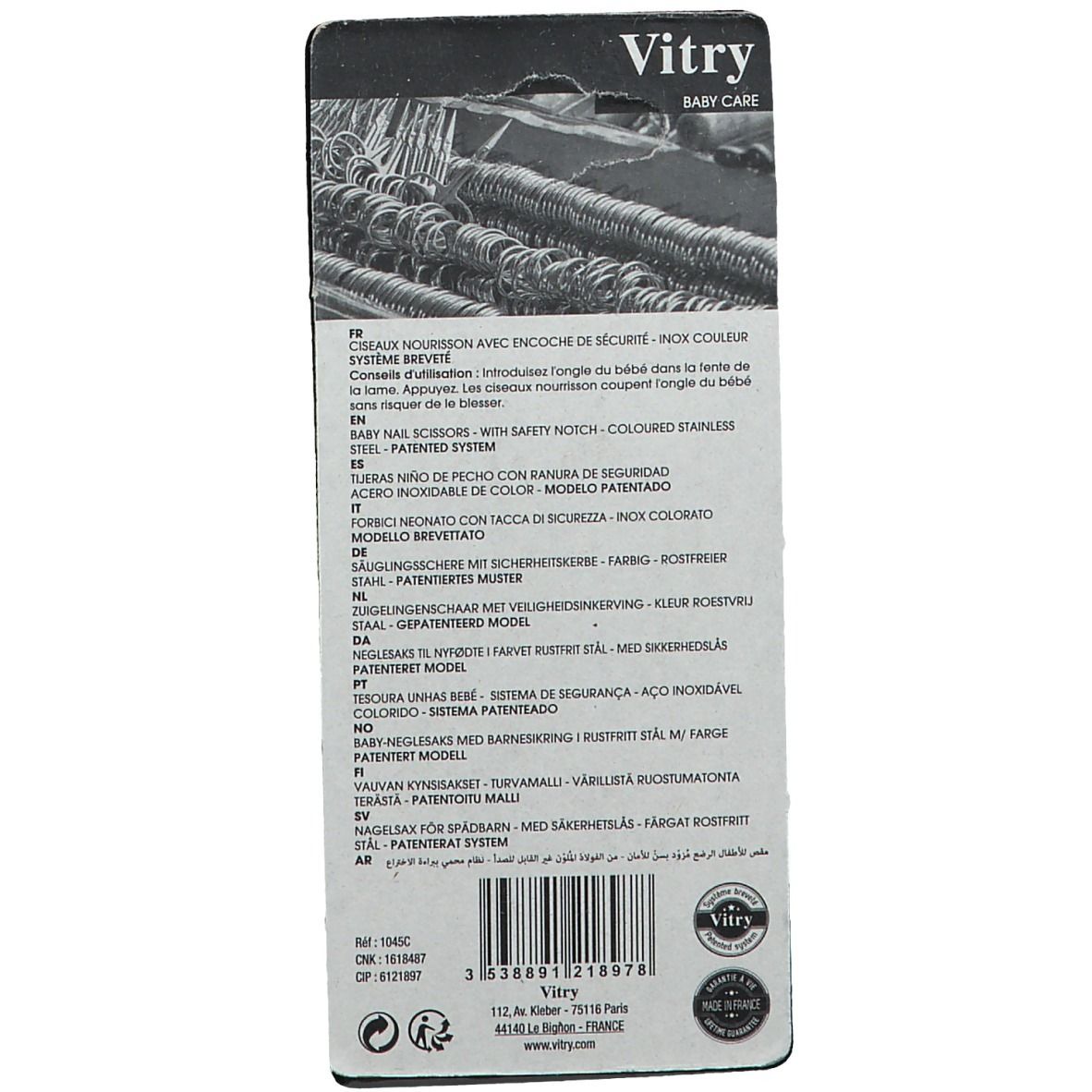 Dos de l'emballage. Texte multilingue. Marque Vitry. Nom du produit, caractéristiques de sécurité, code-barres, adresse.