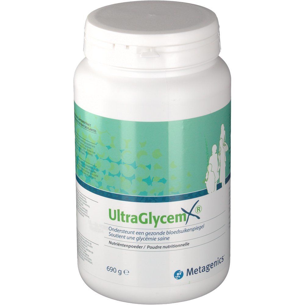 Récipient cylindrique blanc avec bouchon à vis. Inscription: UltraGlycemX, Metagenics. Étiquetage vert et blanc. 690 g.