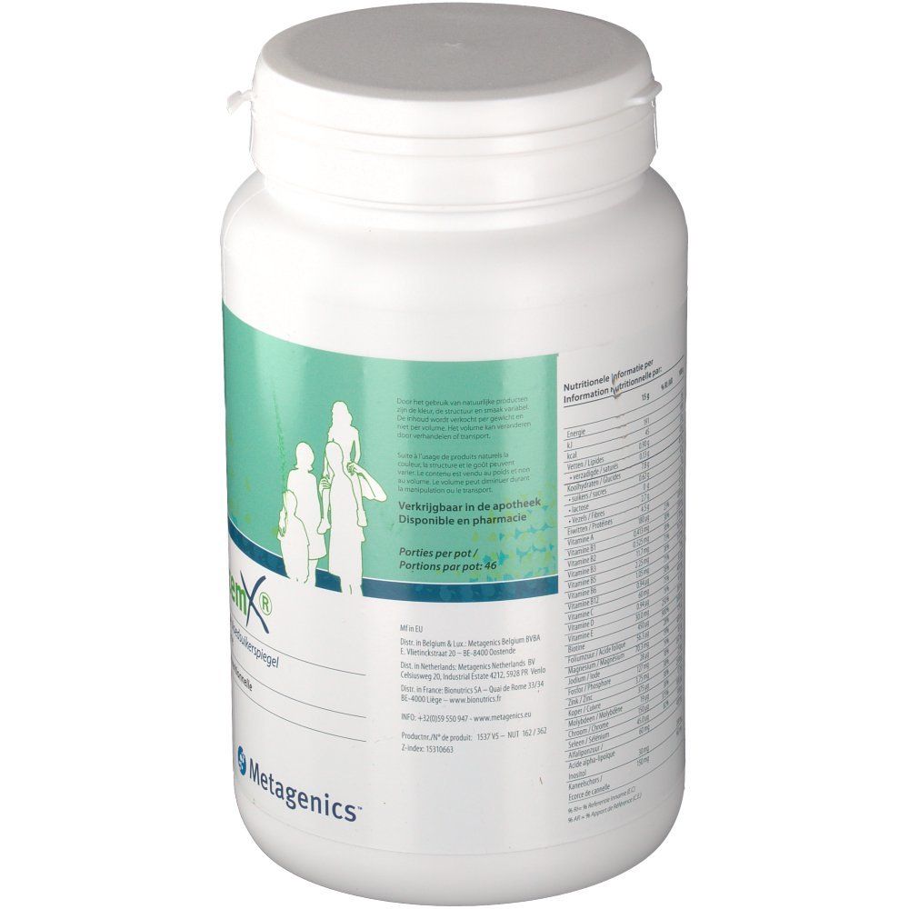 Vue arrière du produit cylindrique blanc. Étiquette avec texte et informations nutritionnelles. Bouchon à vis. Logo Metagenics.