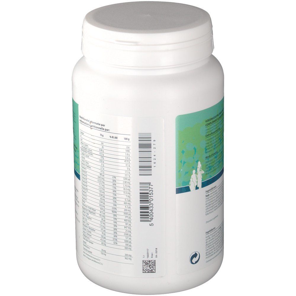 Vue arrière du produit cylindrique blanc. Étiquette avec texte, informations nutritionnelles et code-barres. Bouchon à vis.