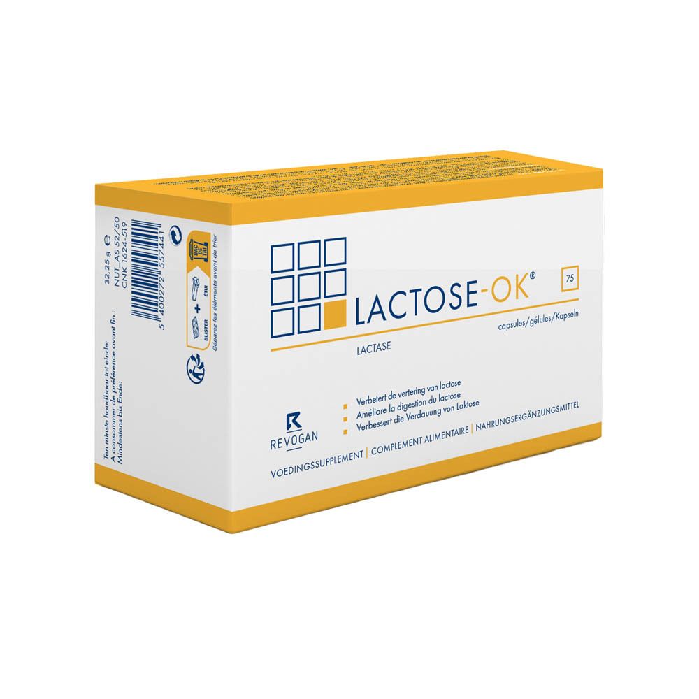 Boîte jaune LACTOSE-OK. 75 gélules. Image du produit sur fond clair. Texte et illustrations.