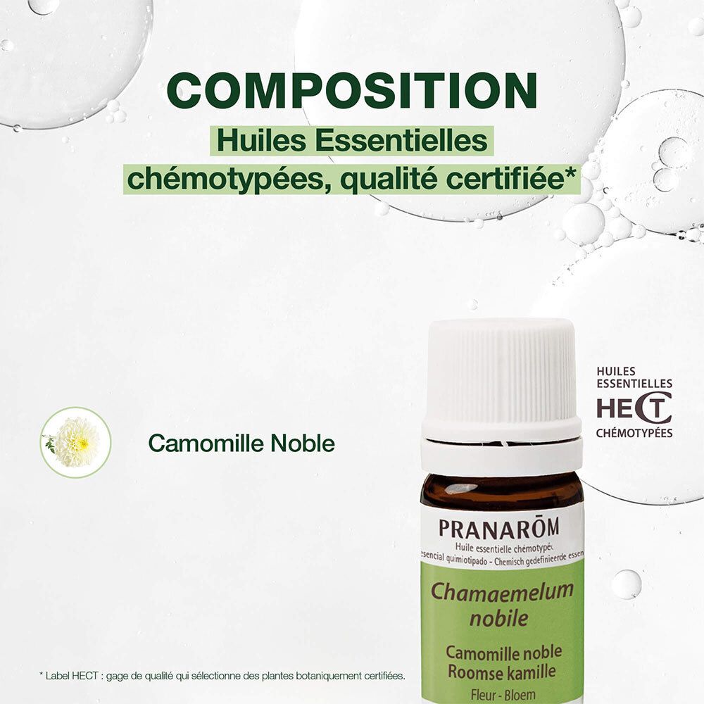 Flacon en verre brun avec bouchon blanc et étiquette. PRANAROM. 5 ml. Date d'expiration.